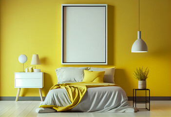 illustration of stylish modern yellow and white bedroom with cozy bed and empty frame on wall.
