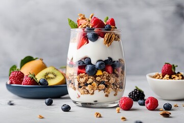 healthy breakfast with muesli, fresh fruit and berries in glass on grey concrete background, close up, top viewhealthy breakfast with granola and yogurt in glasses on grey table.healthy breakfast with - Powered by Adobe