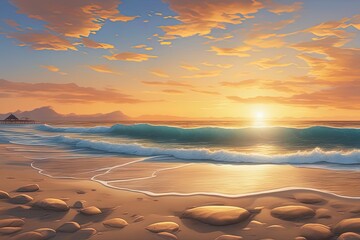 sunset over sea with waves and beach sunset at the beach, summer landscape with a beautiful sea, waves, water, sky, waves.sunset over sea with waves and beach