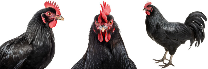 Black chicken collection (portrait, profile, standing), animal bundle isolated on a white background as transparent PNG