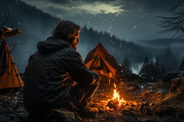 A captivating moment of solitude and wonder as a backpacker relaxes by the campfire, losing themselves in the beauty of the starlit heavens