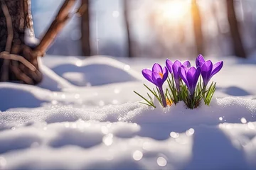 Fotobehang crocus flowers growing in the snow crocus flowers growing in the snow snowdrop flowers in the forest © Shubham