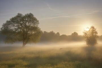 Obraz na płótnie Canvas foggy morning with a meadow in the forest foggy morning with a meadow in the forest sunrise with fog in autumn.