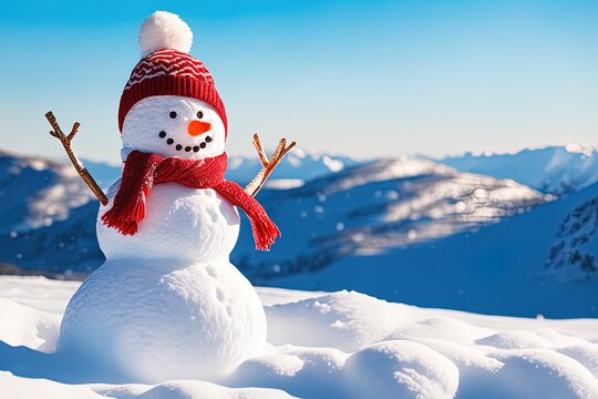 happy snowman wearing hat in winter season happy snowman wearing hat in winter season happy snowman on a snowy background with copy space