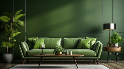 Interior of a living room with a green wall in warm colors and a leather sofa that is positioned behind the kitchen. .