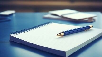 Notepad on a table with pen before meeting, blue tone, blurry background business concept with copy space, 16:9