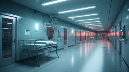 Naklejka na ściany i meble Hospital surgery corridor, blurry background, high quality, 16:9