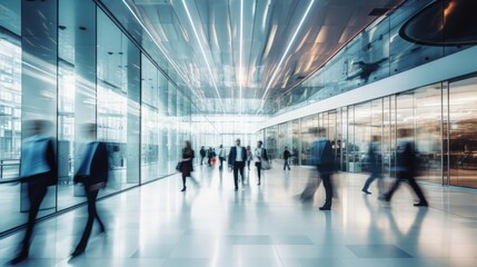 Long exposure shot of crowd of business people walking in bright office lobby fast moving with blurry background, 16:9, copy space, high quality