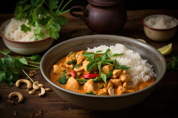 Chicken curry with cashew nuts and rice on a black background. Chicken and cashew red curry with rice and herbs, AI Generated