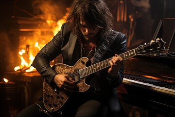 Obraz premium Caucasian rocker playing his guitar in studio