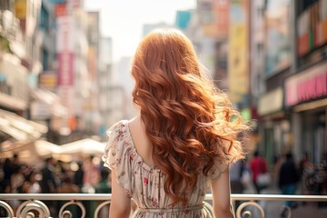 pretty woman walking at urban city street, shopping area, Generative Ai