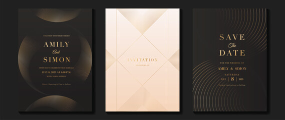 Luxury invitation card background vector. Golden curve elegant, gold line gradient on dark and light color background. Premium design illustration for gala, grand opening, party invitation, wedding.