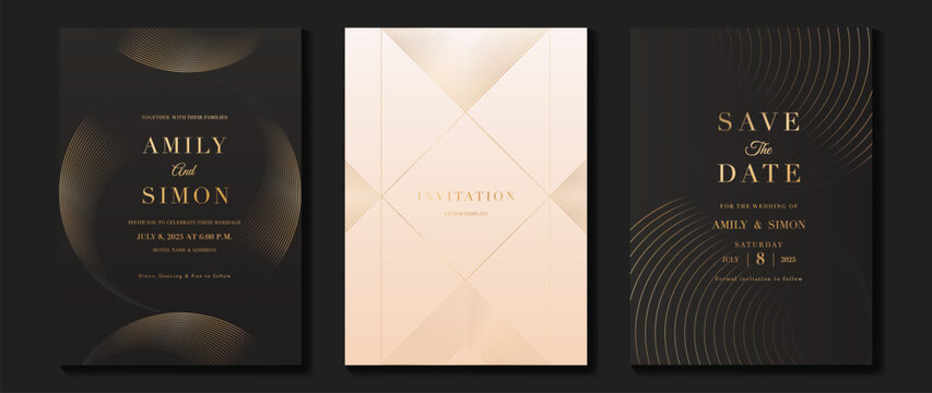 Naklejki Luxury invitation card background vector. Golden curve elegant, gold line gradient on dark and light color background. Premium design illustration for gala, grand opening, party invitation, wedding.
