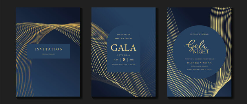 Luxury invitation card background vector. Golden curve elegant, gold line gradient on dark blue color background. Premium design illustration for gala card, grand opening, party invitation, wedding.