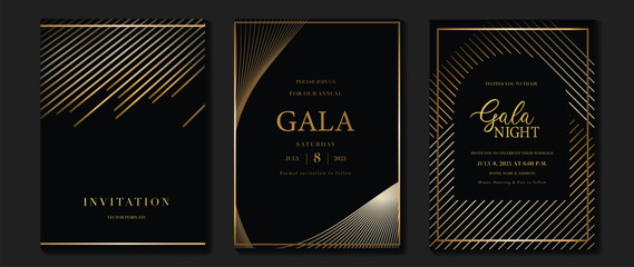 Luxury invitation card background vector. Golden curve elegant, gold line gradient on dark color background. Premium design illustration for gala card, grand opening, party invitation, wedding.