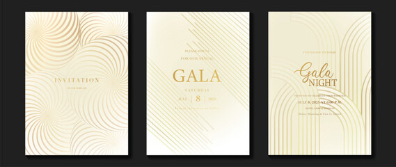 Luxury invitation card background vector. Golden curve elegant, gold line gradient on light color background. Premium design illustration for gala card, grand opening, party invitation, wedding. - obrazy, fototapety, plakaty