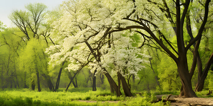 blooming walnut tree in spring in the forest Beautiful view to amazing tree in grove .  Springtime Forest Beauty
Walnut Grove in Bloom
Enchanted Spring Forest