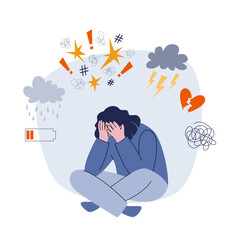 Stressed woman sitting on the floor. Girl surrounded by different causes and effects of stress. Flat style vector illustration of mental disorder.