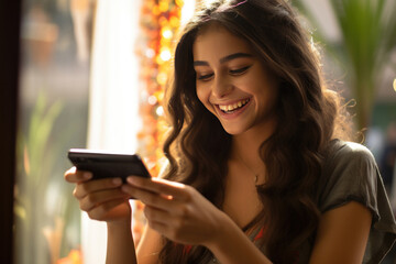Indian girl using smartphone, happy expressions