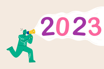 Happy New Year.  Man announces 2023 New Year numbers. Colorful vector illustration