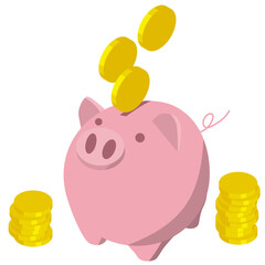 豚の貯金箱にコインを入れるアイソメトリック構図のイラスト。貯金、貯蓄、投資のイメージ素材。
