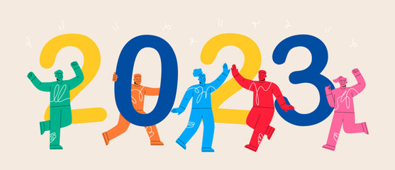2023 New Year numbers and group of happy people, friends or colleagues celebrating Christmas party. Colorful vector illustration