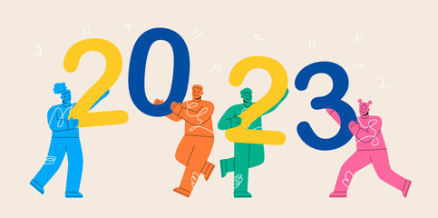 Happy New Year.  People holding 2023 New Year numbers in hands. Friends celebrating and having fun at winter party. Colorful vector illustration