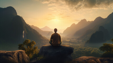 Back view of a man sitting in yoga pose in the sunrise - obrazy, fototapety, plakaty