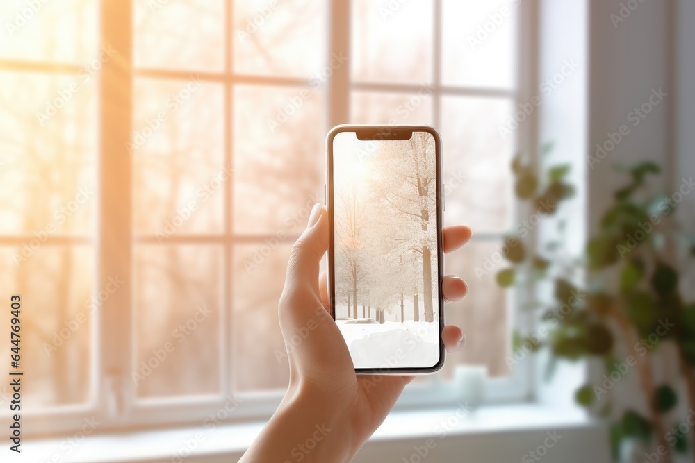 Poster hand holding smartphone against the background of a window with a winter landscape.