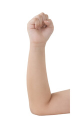 Boy hand gestures isolated over the white background. Fist.