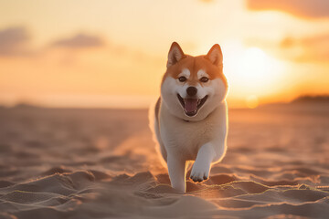 Cute japanese shiba inu dog closeup on the beach in japan,