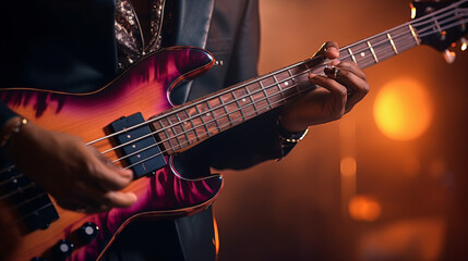 Electric bass guitar player hands live music - obrazy, fototapety, plakaty
