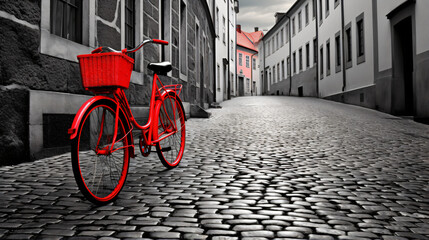 Retro vintage red bike on cobblestone street