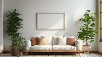 Bohemian interior background, wooden living room design, mock-up poster frame. .