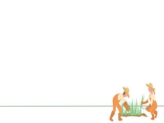 one line graphic design vector illustration of young couple farming, full colour simple art, planting rice , bottom right object design for presentation