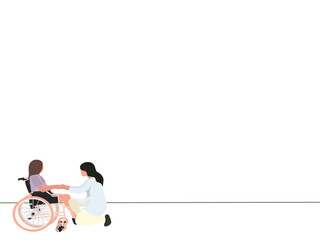 one line vector illustration about girl in wheelchair, mother encouraging paralyzed daughter, mother's love for daughter. flat design for presentation and banner