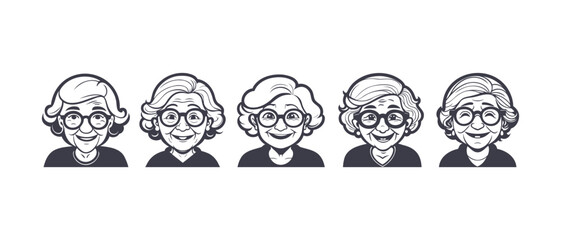 Vector set of portraits of cute elderly smiling grandmothers. Graphic monochrome stickers or icons. White isolated background.