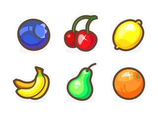 Game or slot-machine icons of fruits for your app. Bright remarkable UI elements. Good for animation. Lemon, banana, cherry and others. Vector illustration for your business.