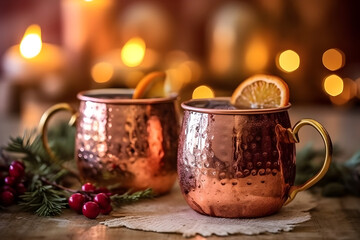 Obraz na płótnie Canvas Traditional Christmas drink, seasoned red mulled wine in rustic cups