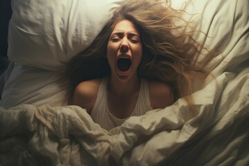 Beautiful woman screaming in bed. Generate Ai