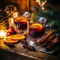 Seasoned red mulled wine on rustic wooden table