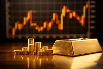 Gold bars and coins on the background of the financial chart. Business concept.