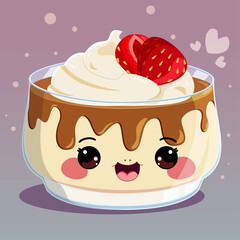 Kawaii Cartoon Pudding with a Smiley Face and Strawberry Topping 