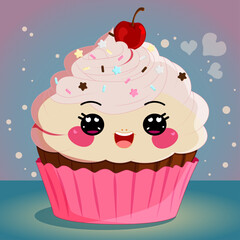 Kawaii Cute Cartoon Cupcake with a Smiley Face & Cherry on Top 
