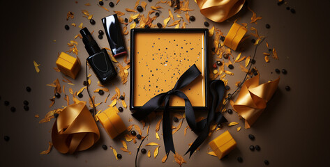  HBD cake gift on birthday Nail polish laid out on yellow paper surface overhead hd wallpaper