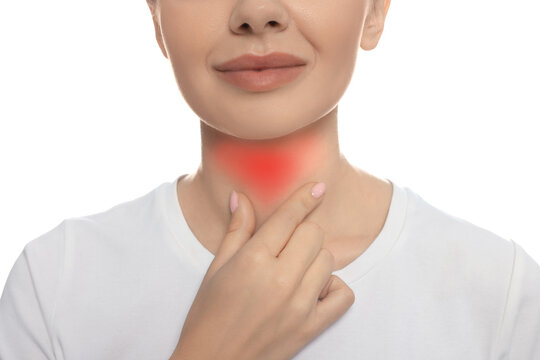Endocrine system. Woman doing thyroid self examination on white background, closeup