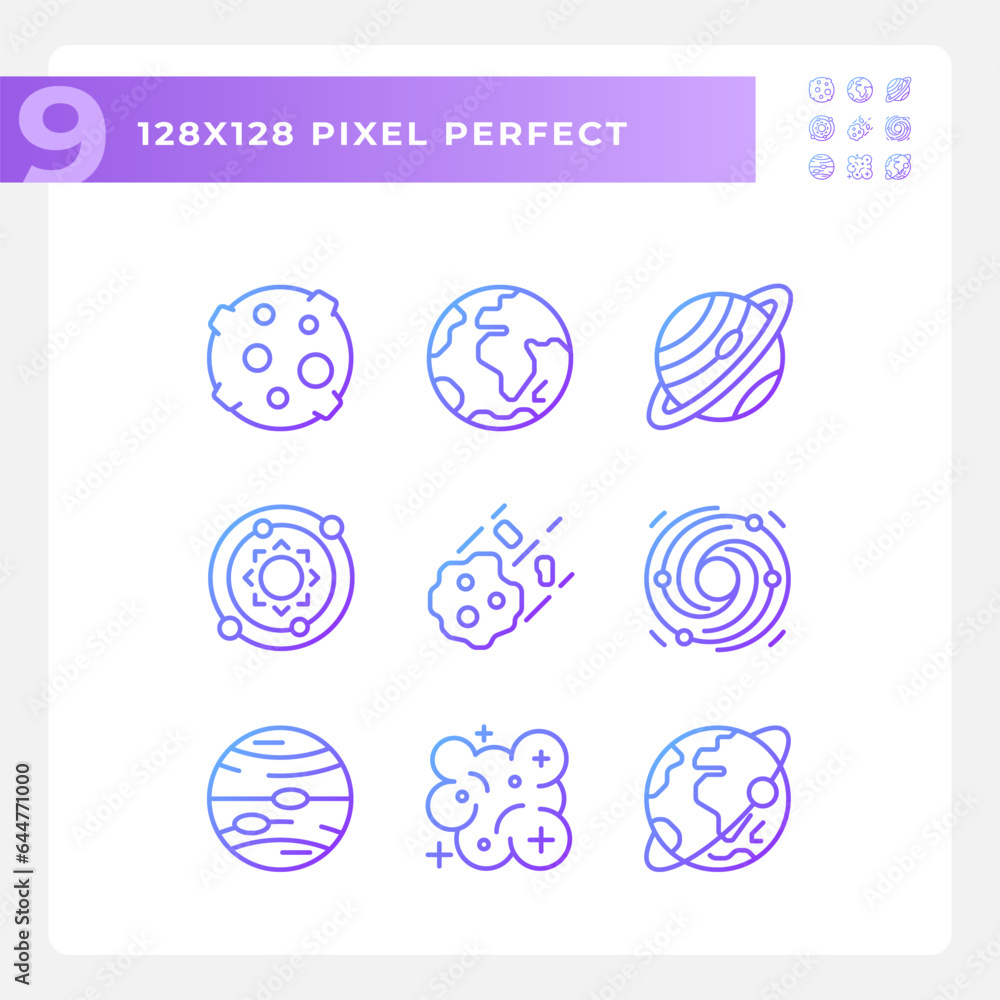 Poster celestial bodies pixel perfect gradient linear vector icons set. outer space. planetary science. ast