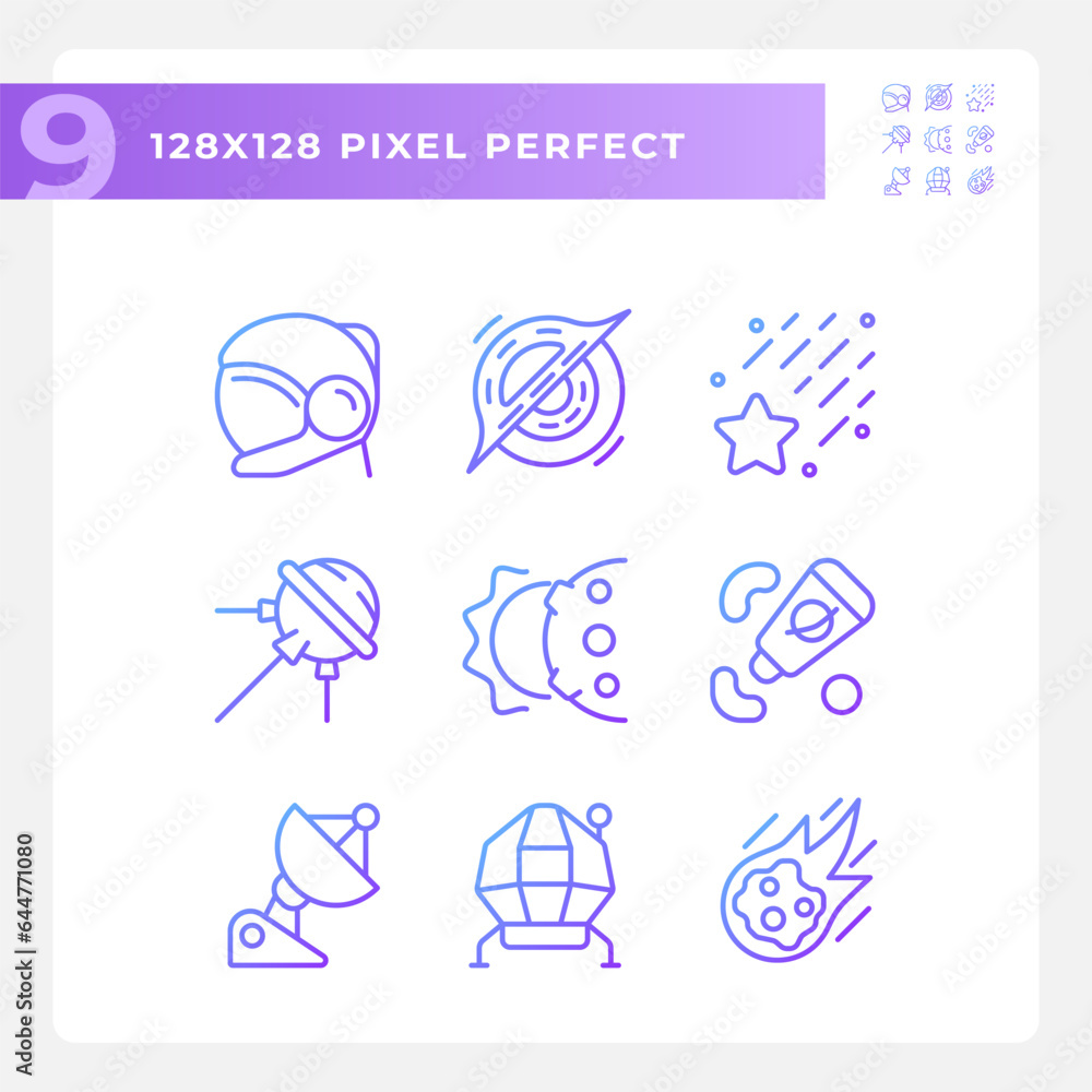 Poster space station pixel perfect gradient linear vector icons set. zero gravity. celestial event. science