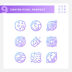 Celestial bodies pixel perfect gradient linear vector icons set. Outer space. Planetary science. Astrology education. Thin line contour symbol designs bundle. Isolated outline illustrations collection