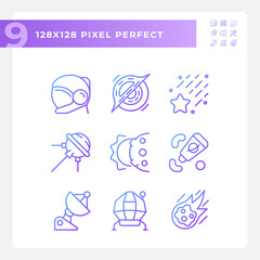 Space station pixel perfect gradient linear vector icons set. Zero gravity. Celestial event. Science research. Thin line contour symbol designs bundle. Isolated outline illustrations collection